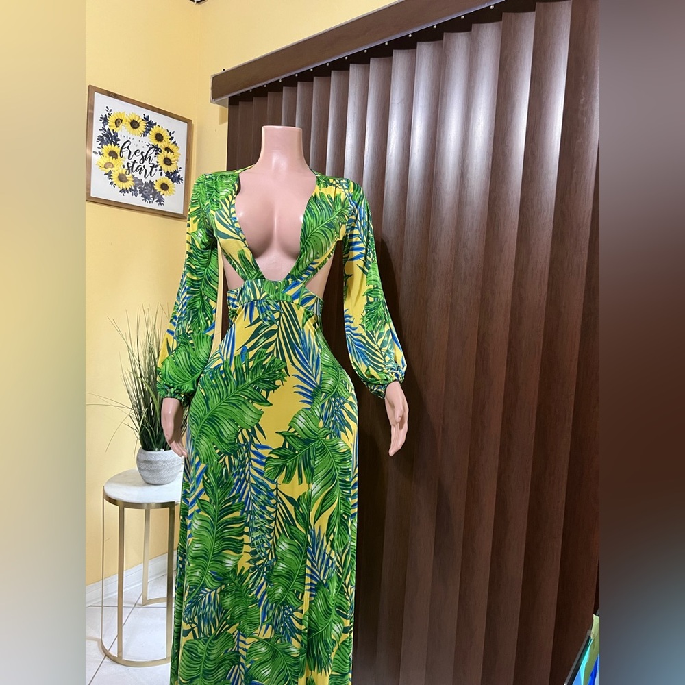 Tropical Leaf Print Maxi Dress